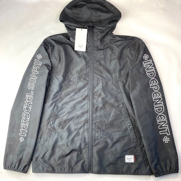 NEW Herschel X Independent BLACK CAMO PACKABLE Windbreaker Hoodie Jacket! Zip